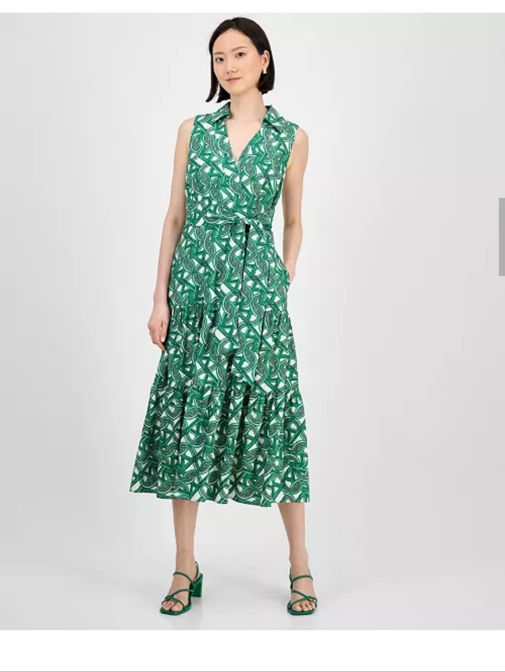 Tahari ASL NWT Size 16 Green Ivory Sleeveless Tiered Shirt Dress Maxi $159